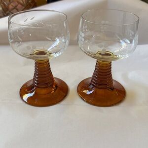 Set of 2 German Roemer Amber Beehive stem Goblet Cordial with etched grape
